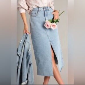 NWT Miou Muse Washed Denim Midi Skirt with Front Slit